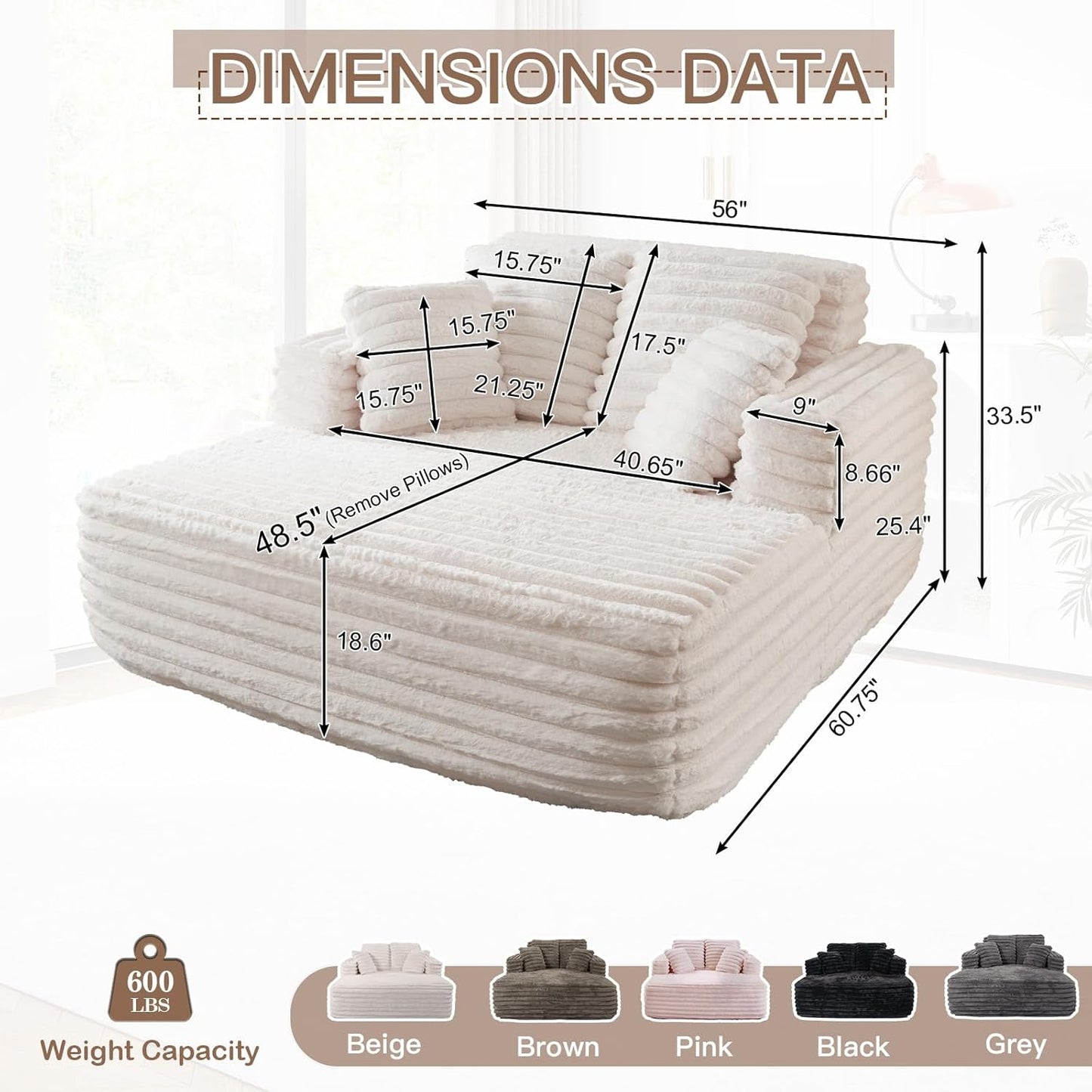 56"W Oversized Chaise Lounge Chair Indoor