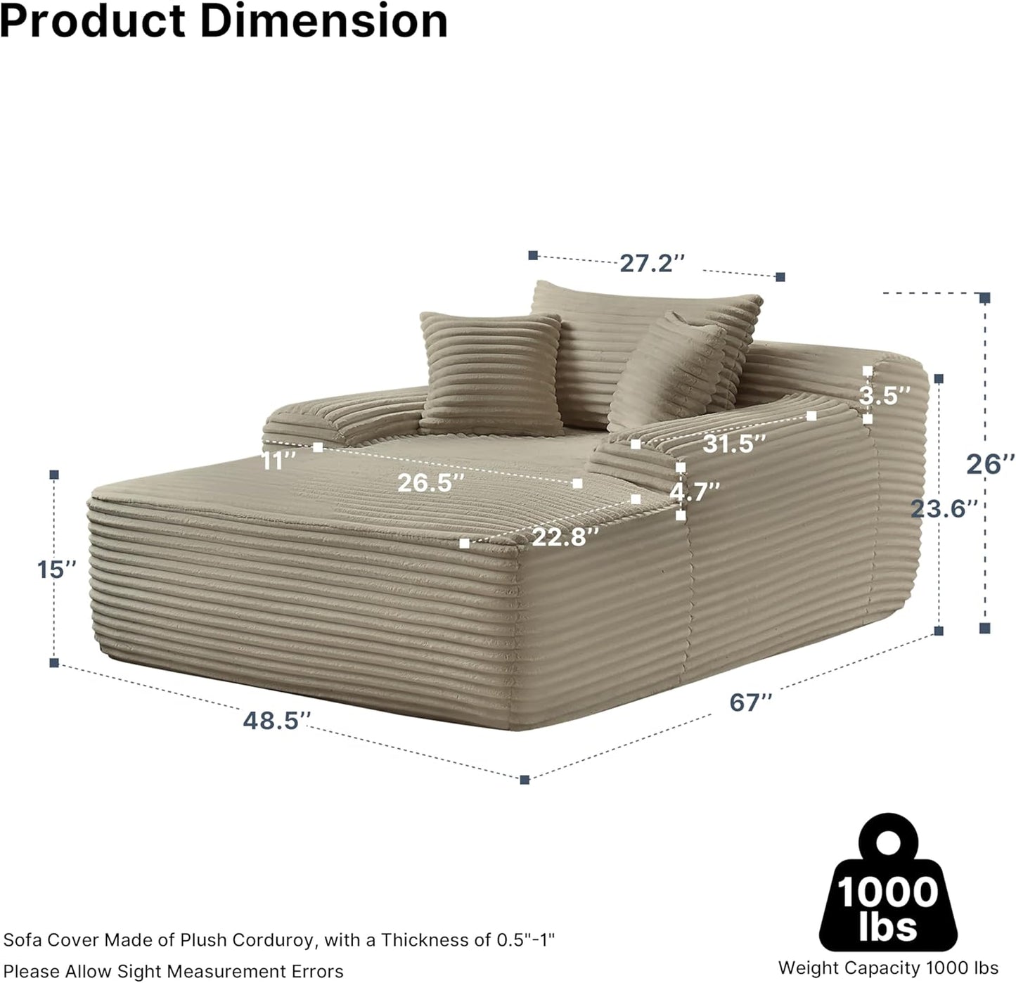 68'' Chaise Lounge Chair Indoor, Grey Plush Corduroy Cloud Couch