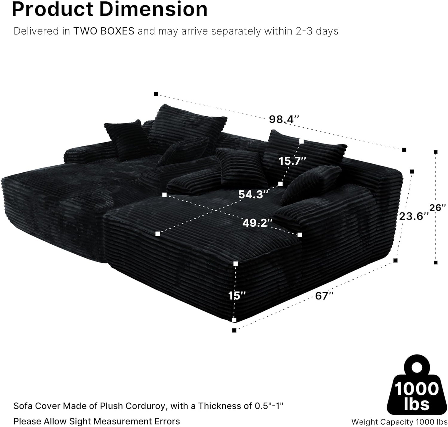 68'' Chaise Lounge Chair Indoor, Grey Plush Corduroy Cloud Couch