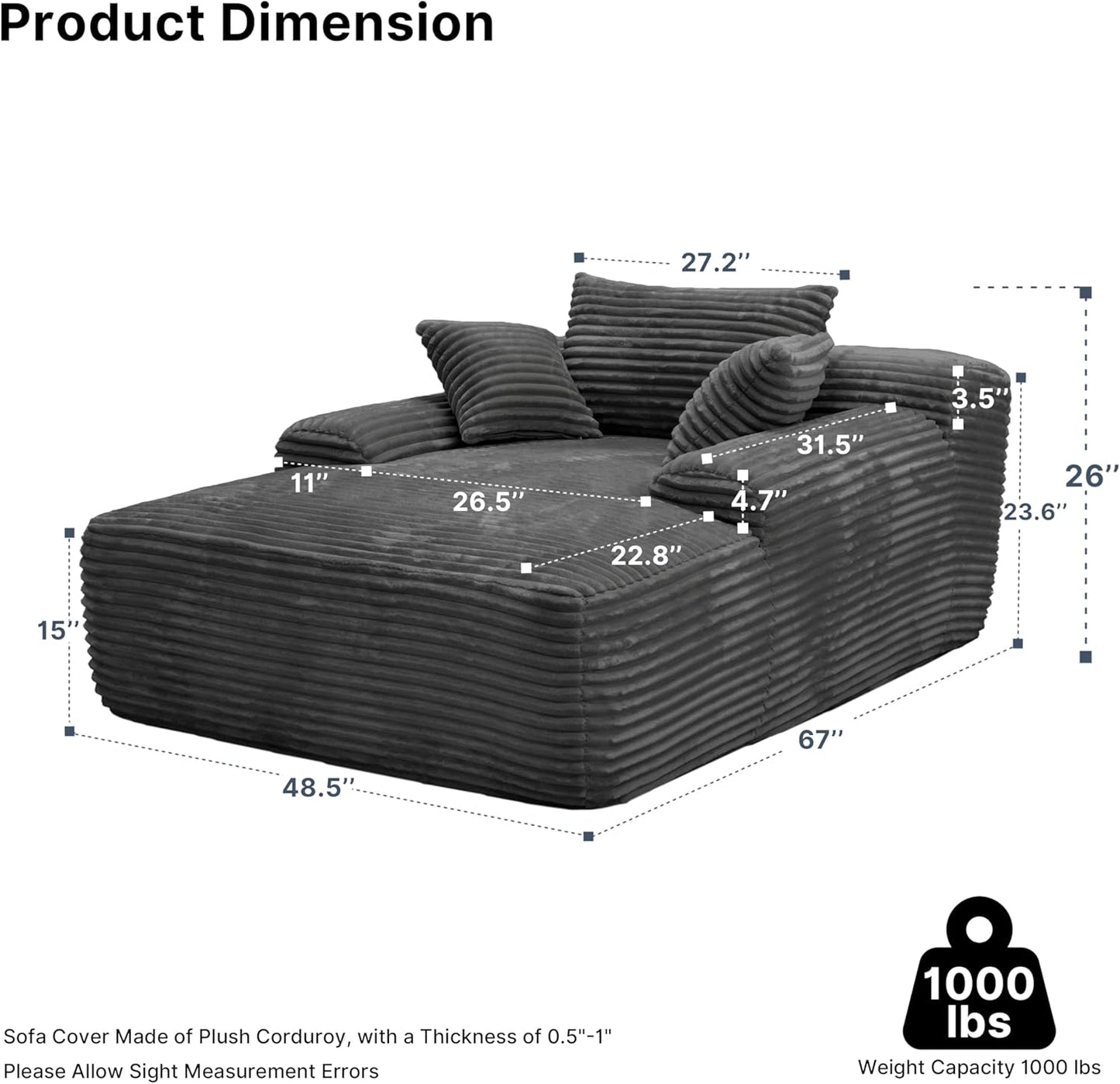 68'' Chaise Lounge Chair Indoor, Grey Plush Corduroy Cloud Couch
