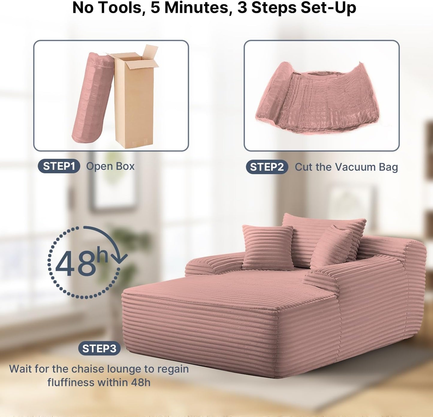 68'' Chaise Lounge Chair Indoor, Grey Plush Corduroy Cloud Couch