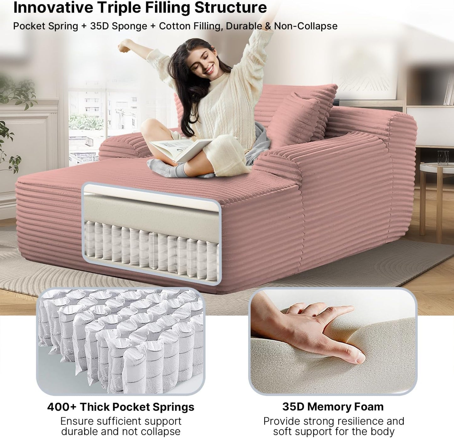 68'' Chaise Lounge Chair Indoor, Grey Plush Corduroy Cloud Couch