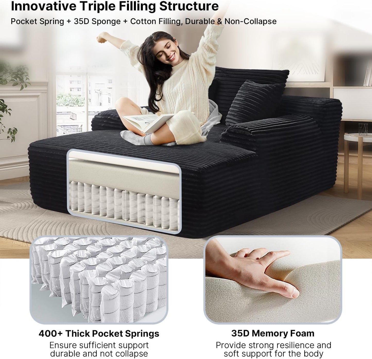 68'' Chaise Lounge Chair Indoor, Grey Plush Corduroy Cloud Couch