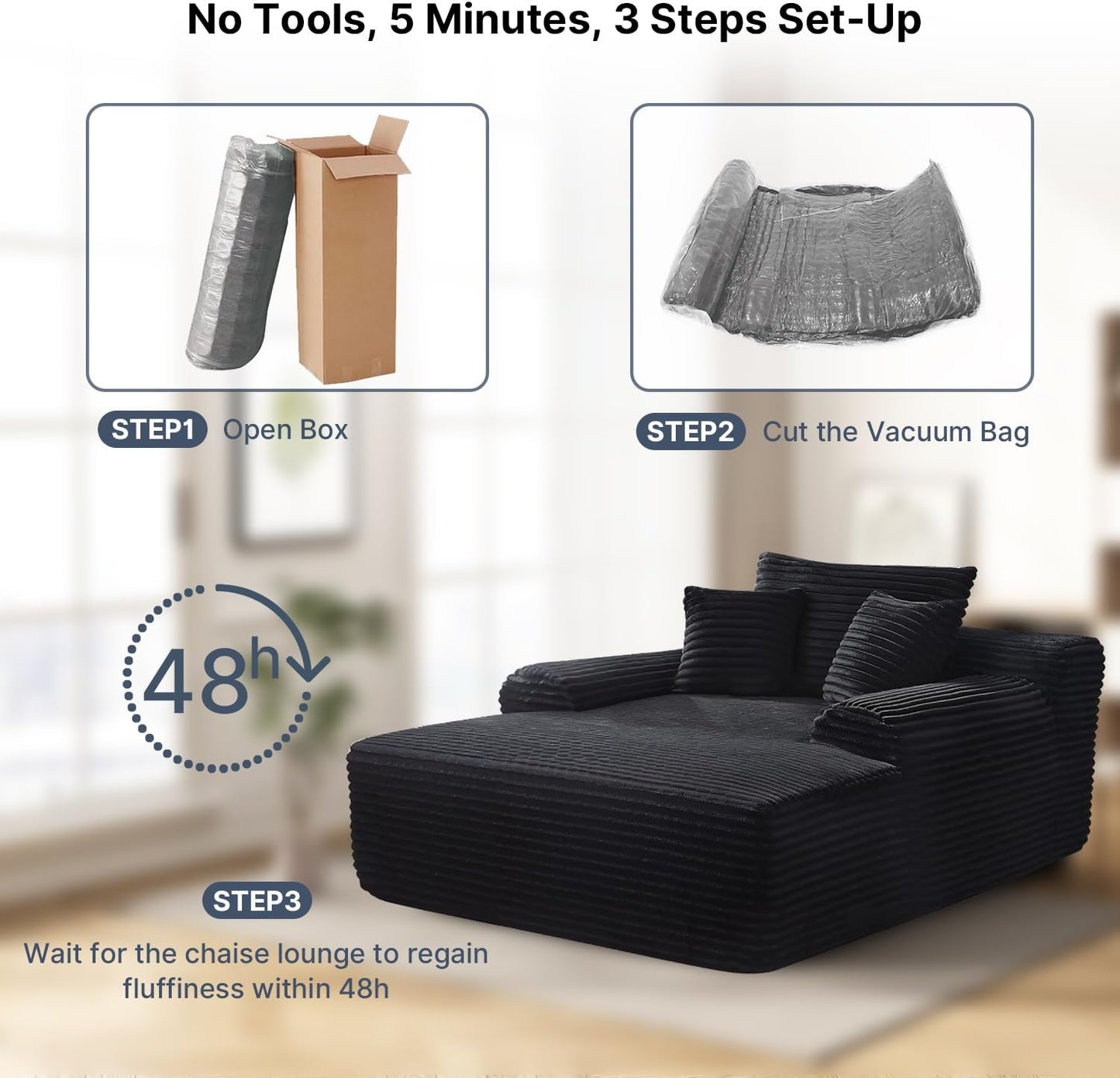 68'' Chaise Lounge Chair Indoor, Grey Plush Corduroy Cloud Couch