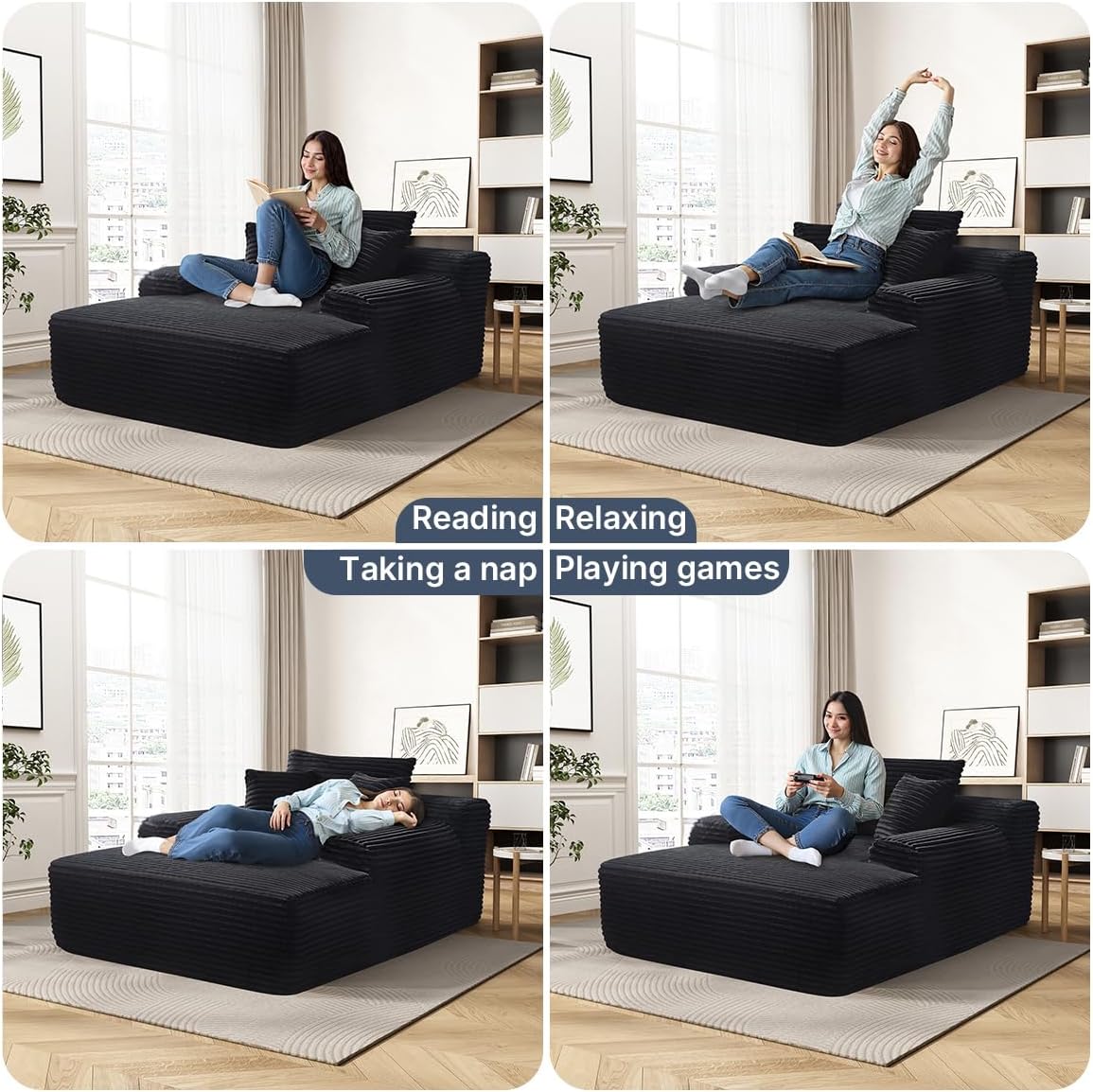 68'' Chaise Lounge Chair Indoor, Grey Plush Corduroy Cloud Couch