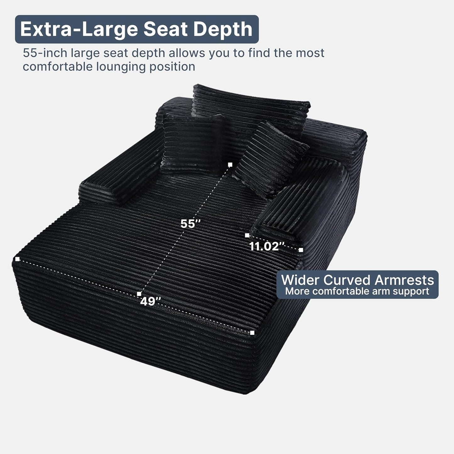 68'' Chaise Lounge Chair Indoor, Grey Plush Corduroy Cloud Couch