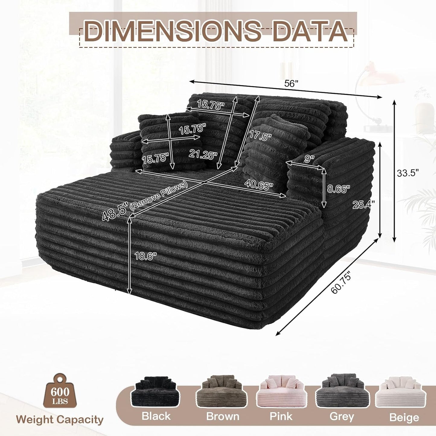 56"W Oversized Chaise Lounge Chair Indoor