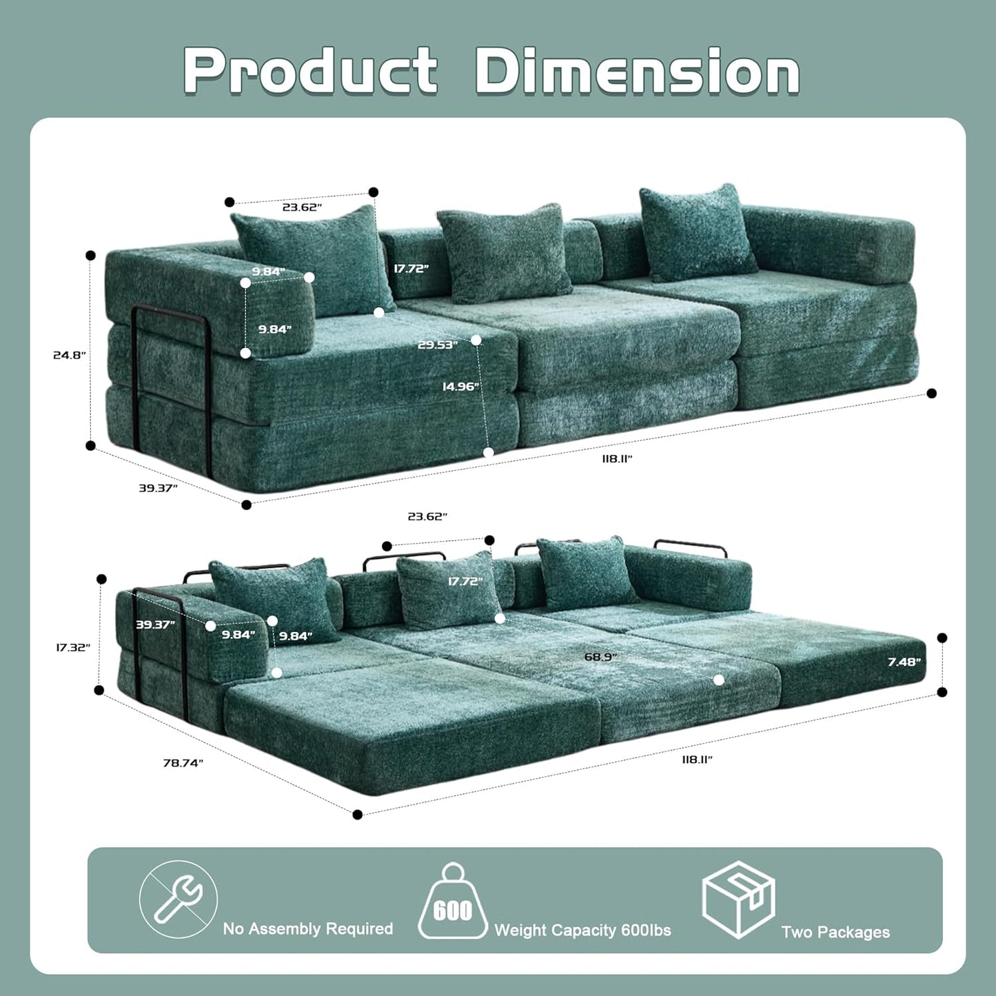 Compression Floor Sofa Bed, 3-Seat