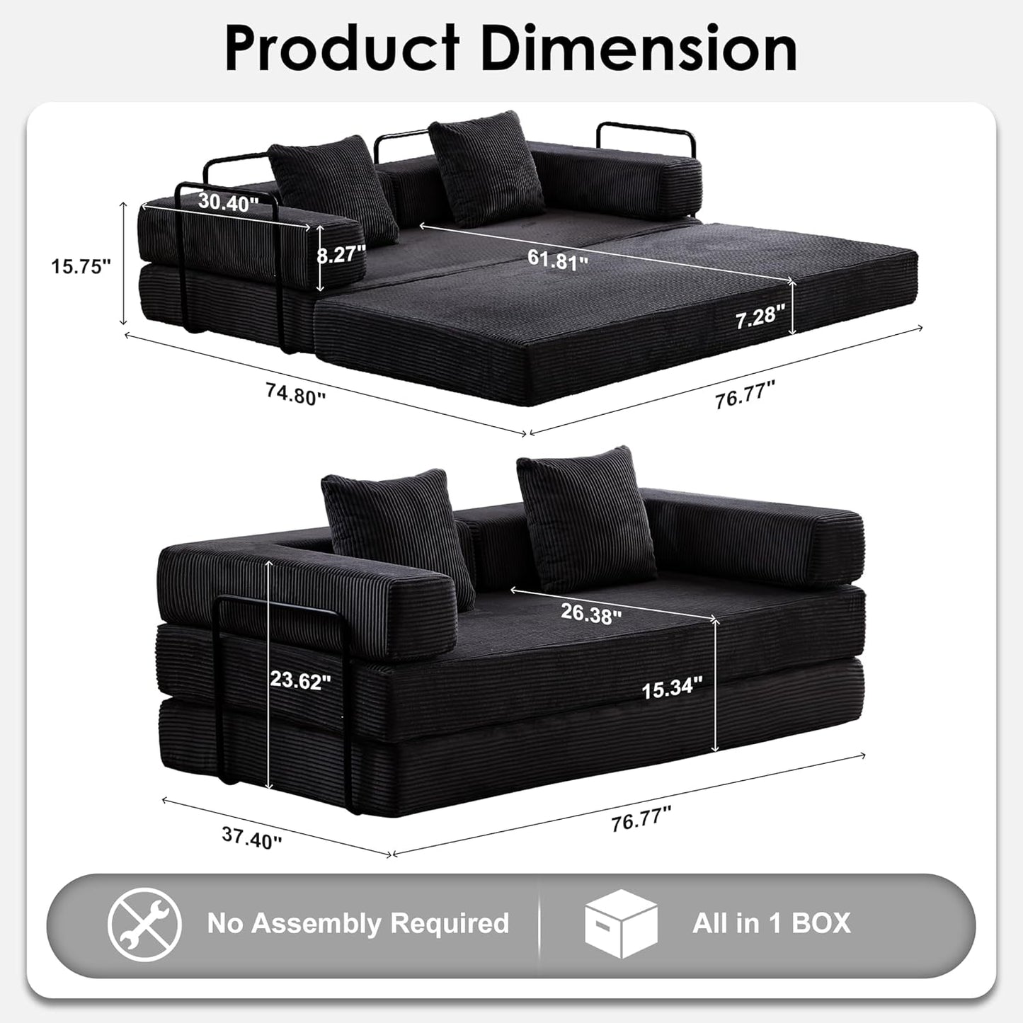 Convertible Sleeper Sofa Bed, 78.5" Corduroy Foldable Loveseat Sofa