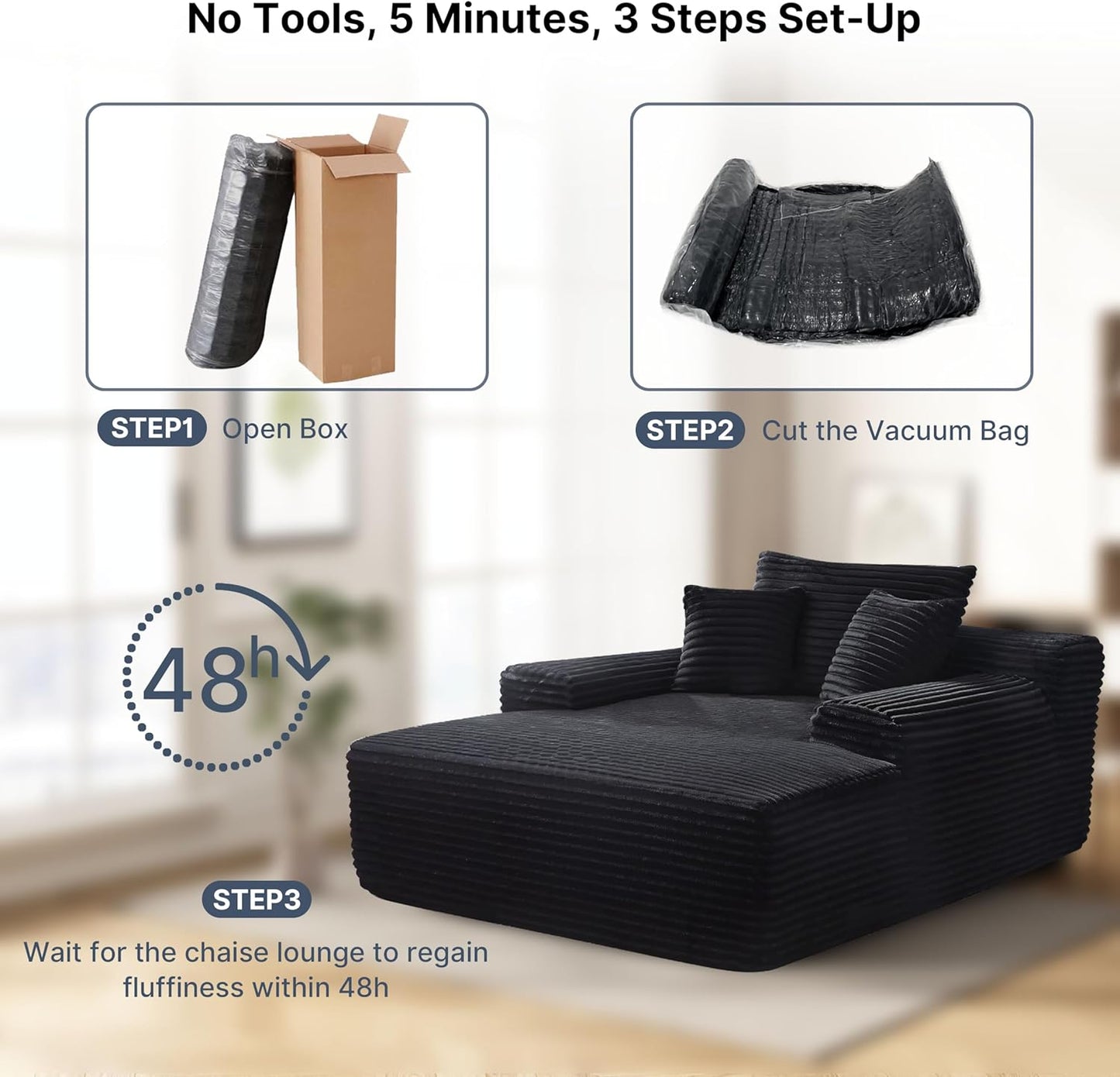 68'' Chaise Lounge Chair Indoor, Grey Plush Corduroy Cloud Couch