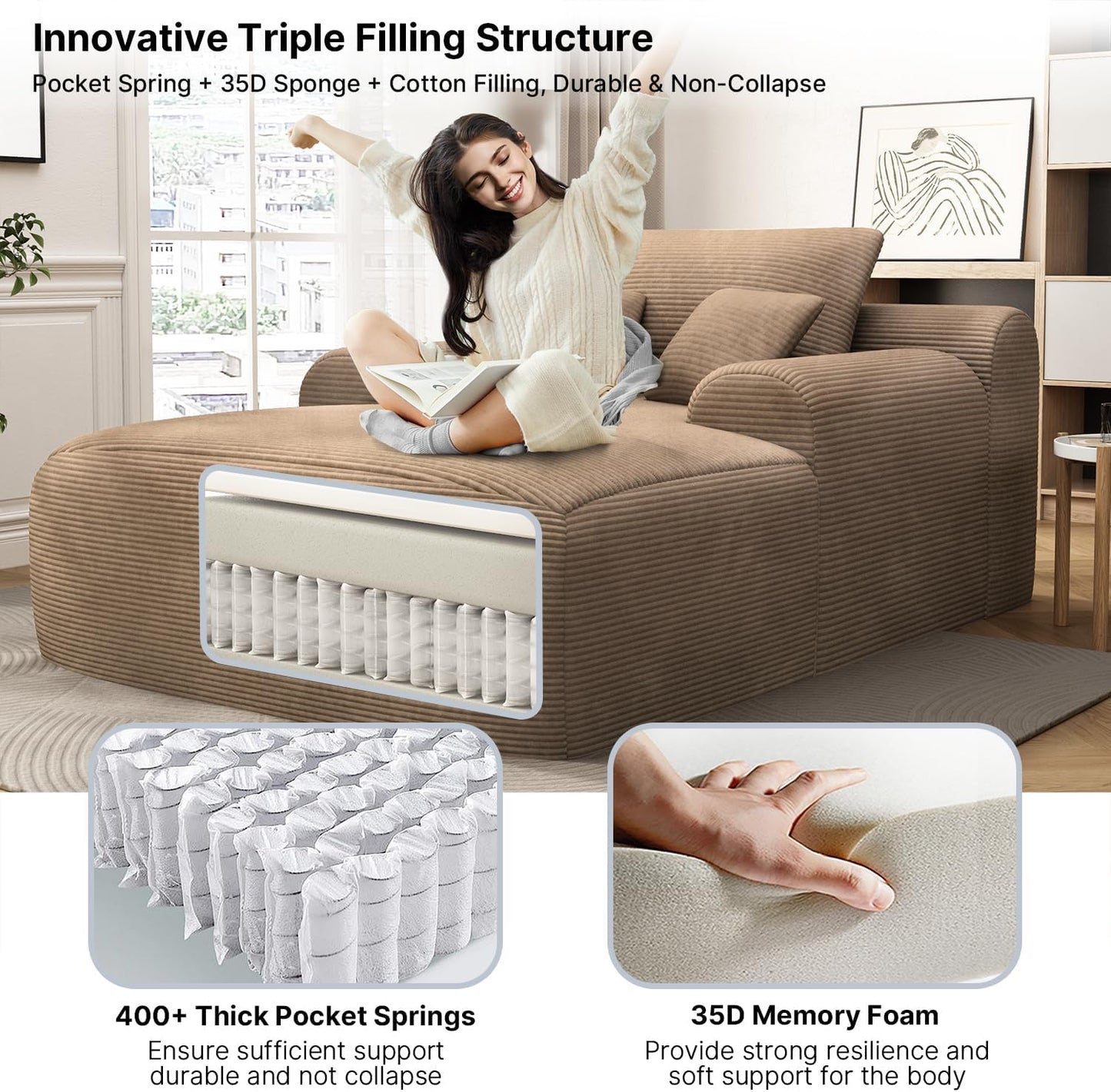 68'' Chaise Lounge Chair Indoor, Grey Plush Corduroy Cloud Couch