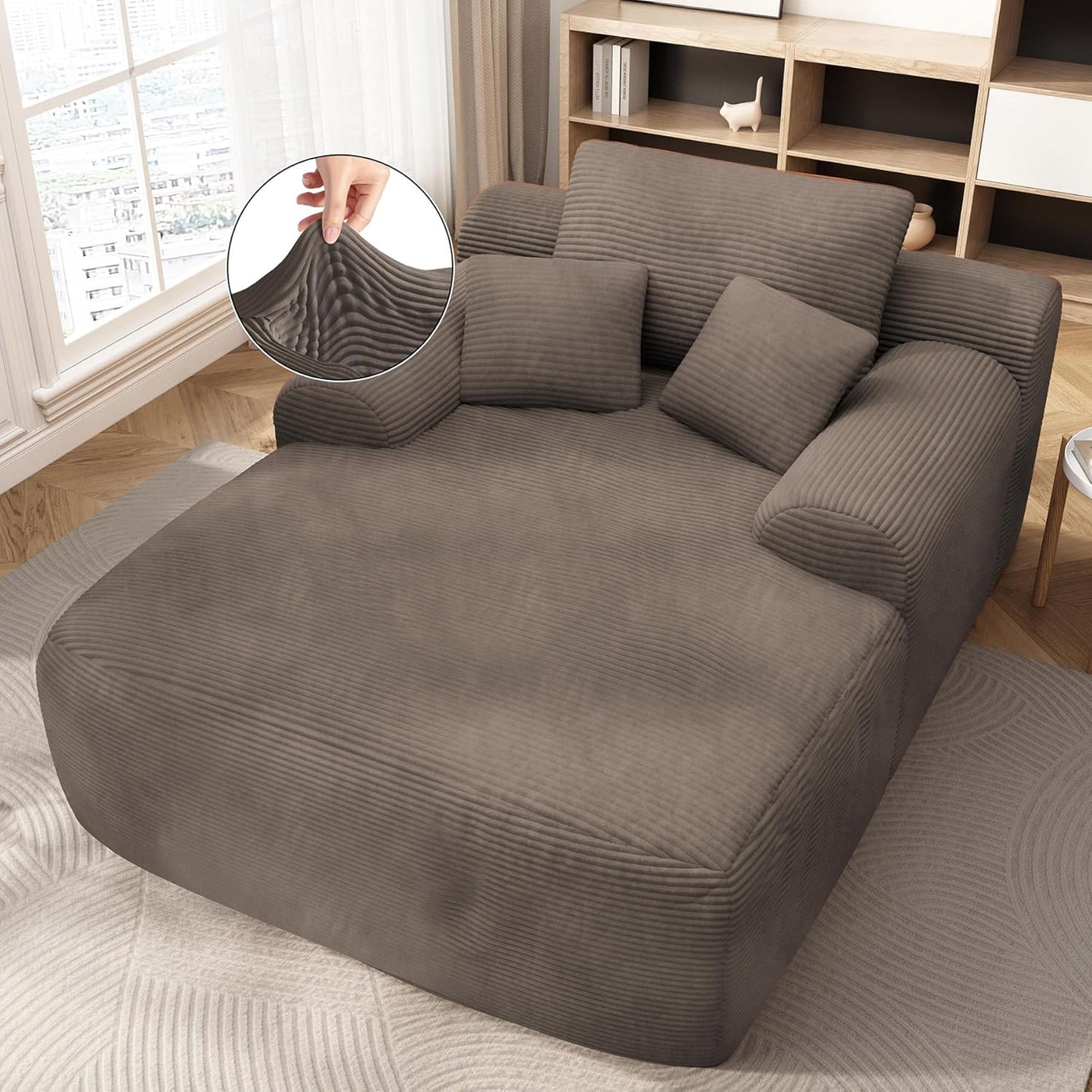 68'' Chaise Lounge Chair Indoor, Grey Plush Corduroy Cloud Couch