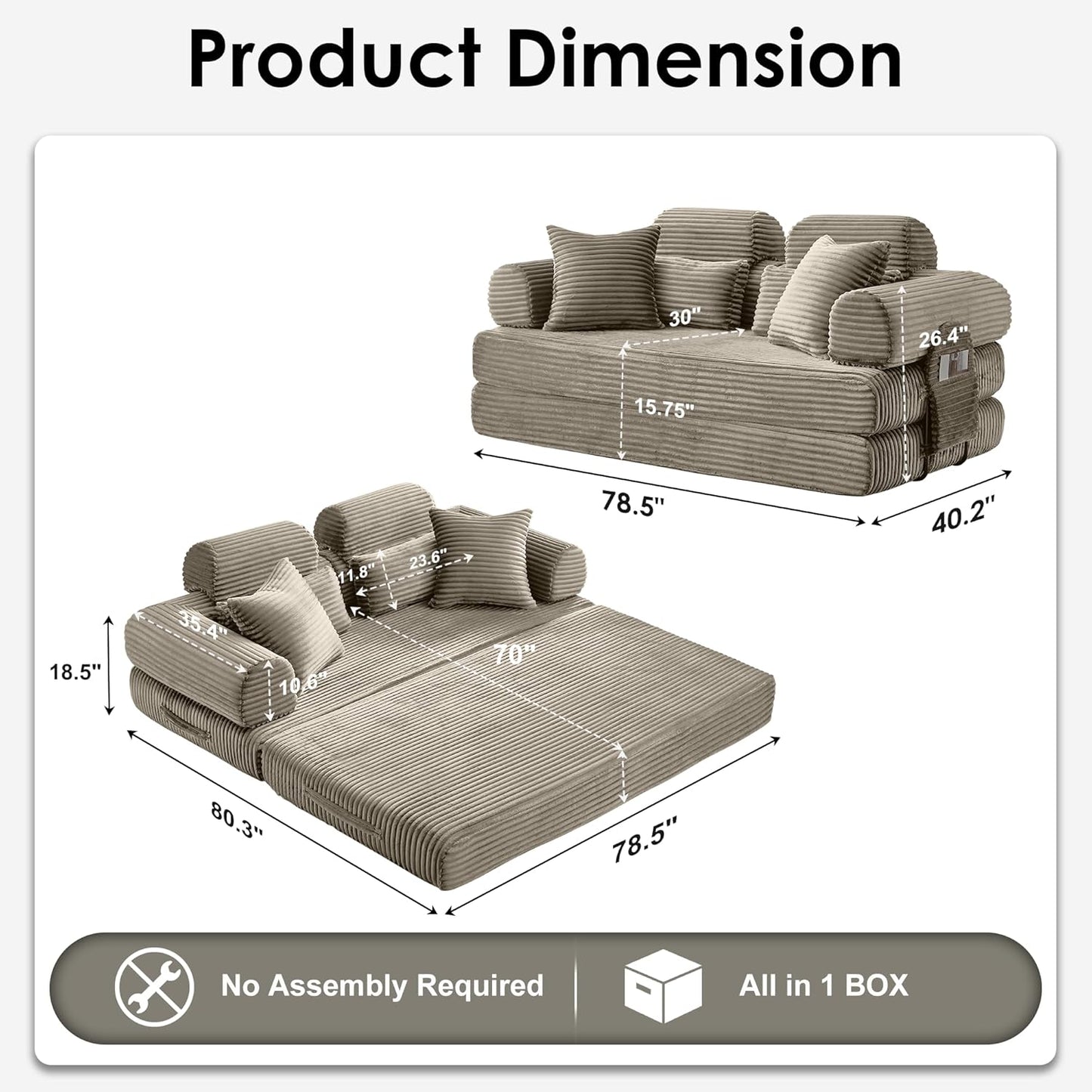Convertible Sleeper Sofa Bed, 78.5" Corduroy Foldable Loveseat Sofa