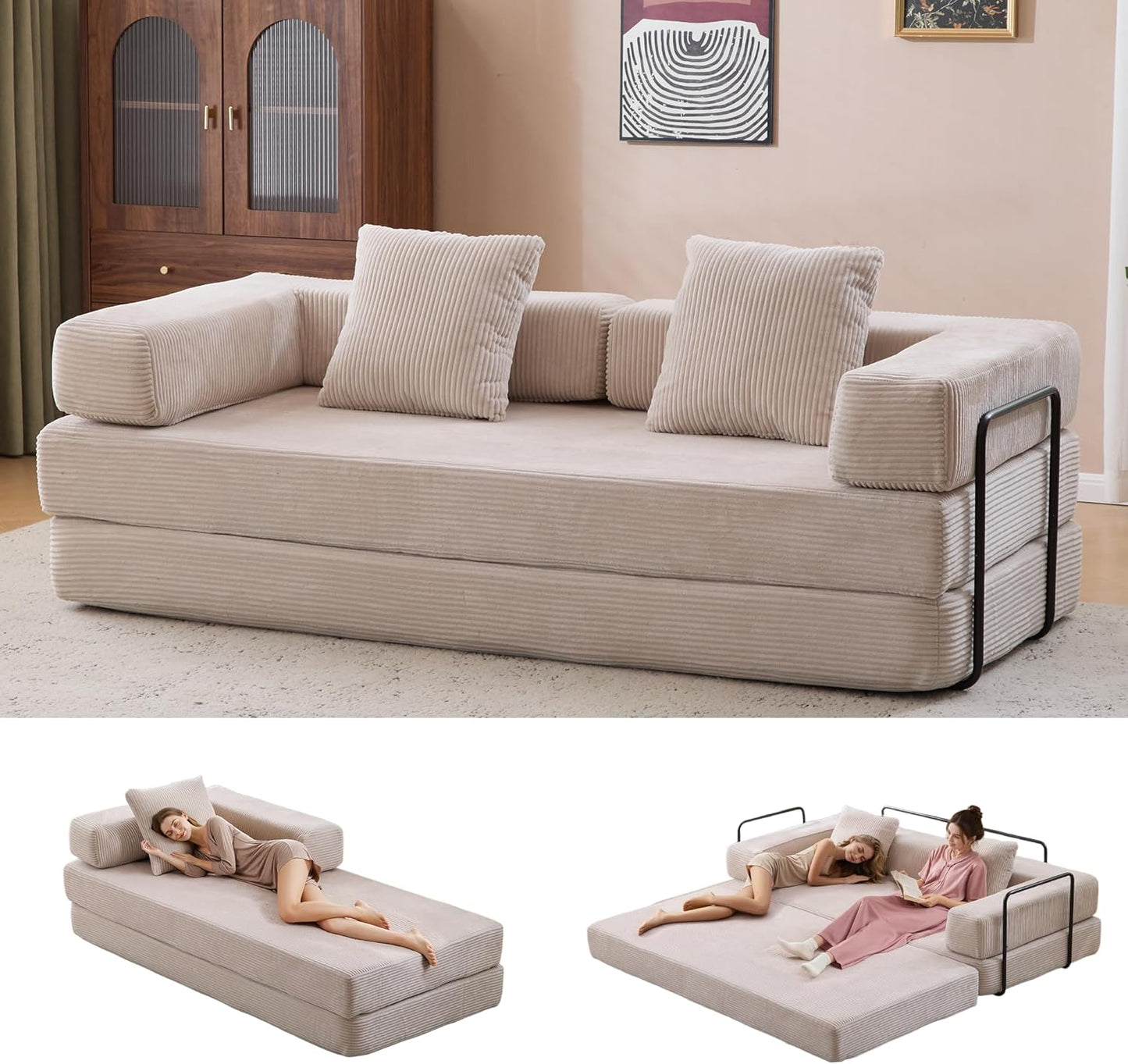 Convertible Sleeper Sofa Bed, 78.5" Corduroy Foldable Loveseat Sofa