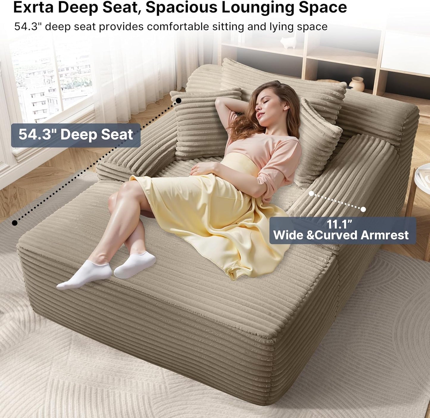 68'' Chaise Lounge Chair Indoor, Grey Plush Corduroy Cloud Couch