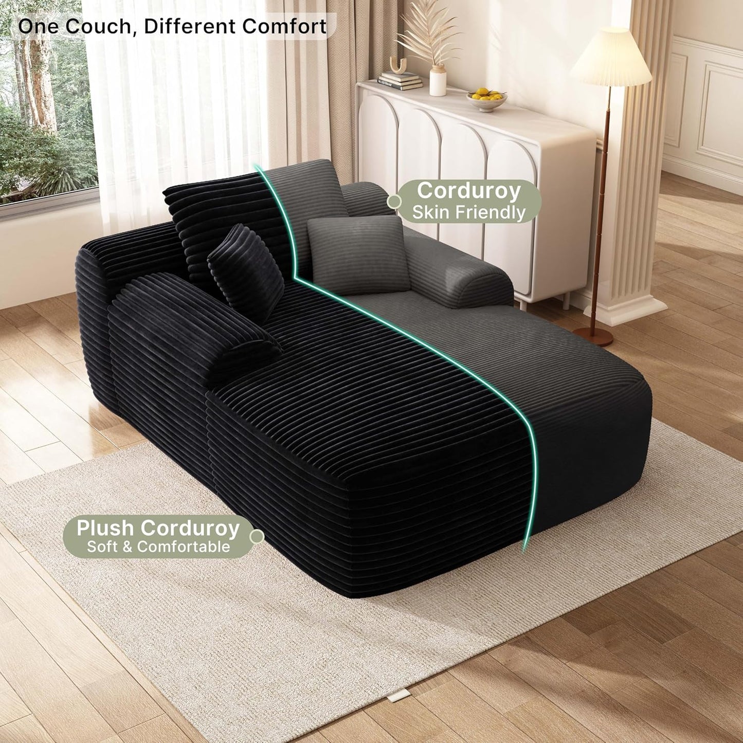 68'' Chaise Lounge Chair Indoor, Grey Plush Corduroy Cloud Couch