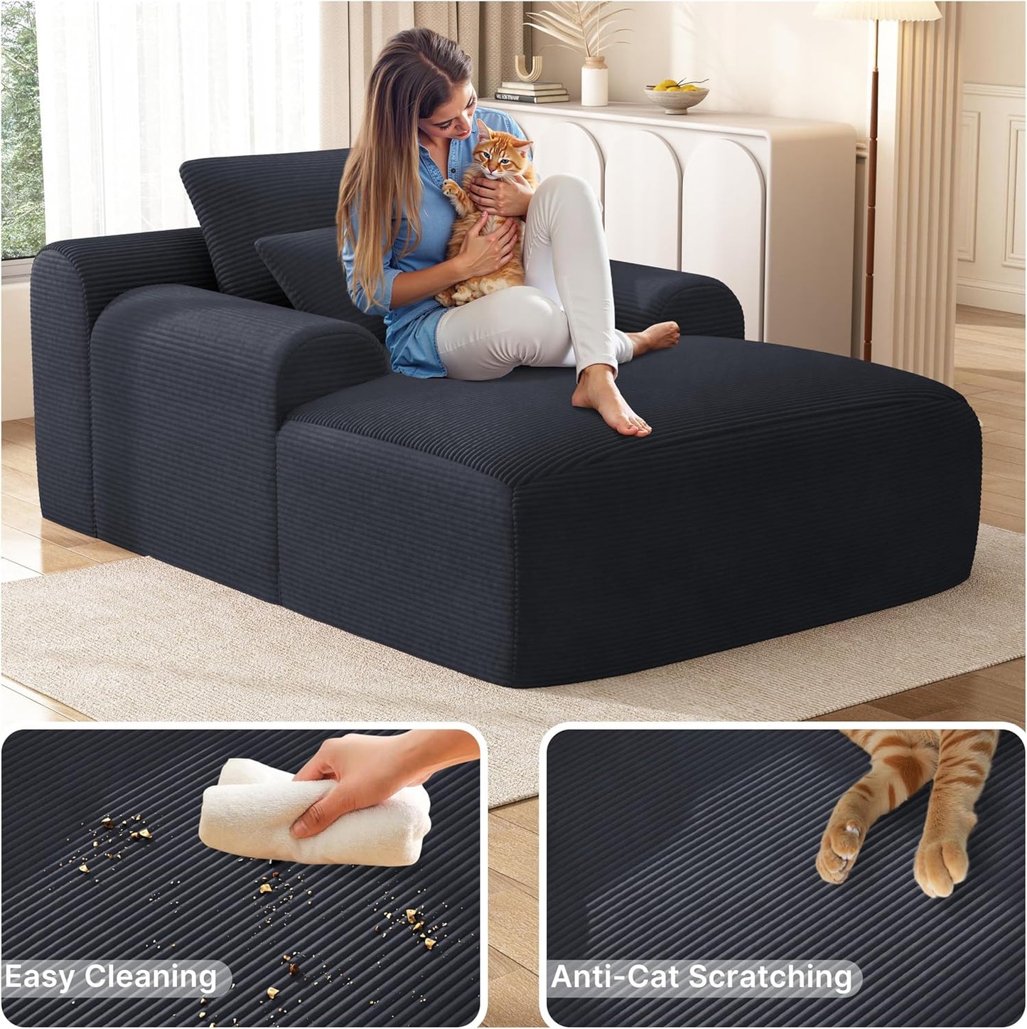 68'' Chaise Lounge Chair Indoor, Grey Plush Corduroy Cloud Couch