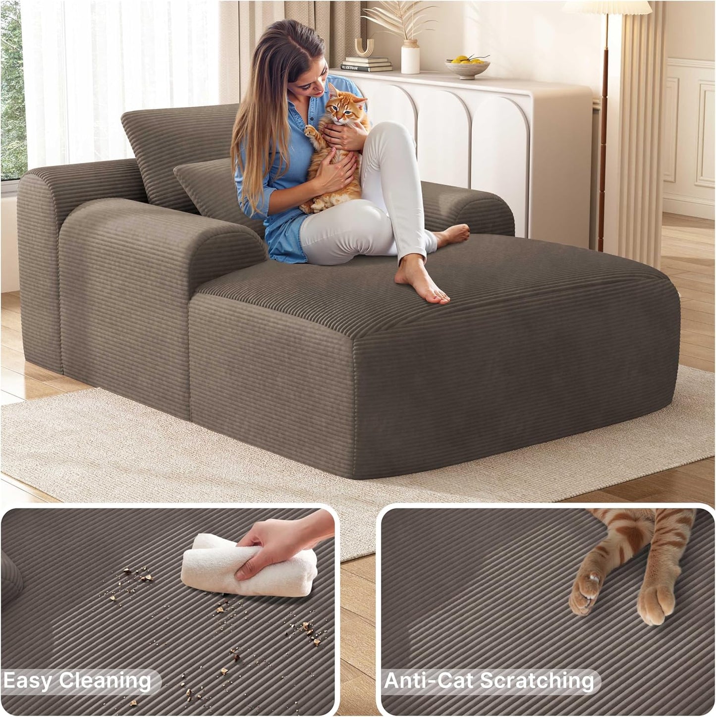 68'' Chaise Lounge Chair Indoor, Grey Plush Corduroy Cloud Couch